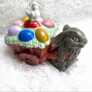 Vintage Ceramic Easter Bunny Pulling Cart Of Eggs And Chick Candy Dish Decor